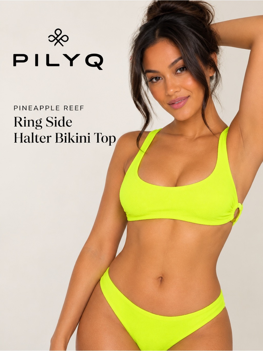 PilyQ Pineapple Reef Ring Side Halter Bikini Top Neon Yellow Size D NWT